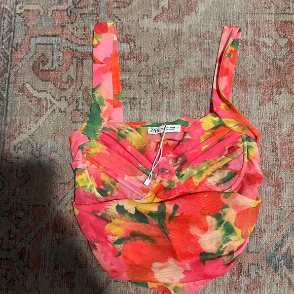 NWOT ZARA CROPPED FLORAL RUCHED Bustier Tank Top - S - Picture 5 of 8